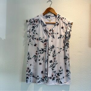 Calvin Klein White Floral Ruffle Sleeve Tie-Neck Blouse